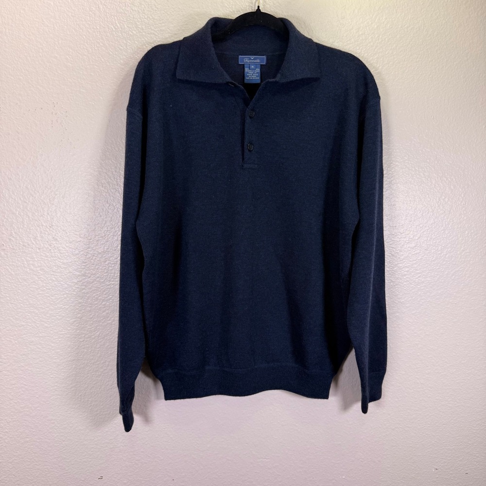 Faconnable Merino Wool Polo Sweater Mens M Navy Blue Preppy Classic Old Money